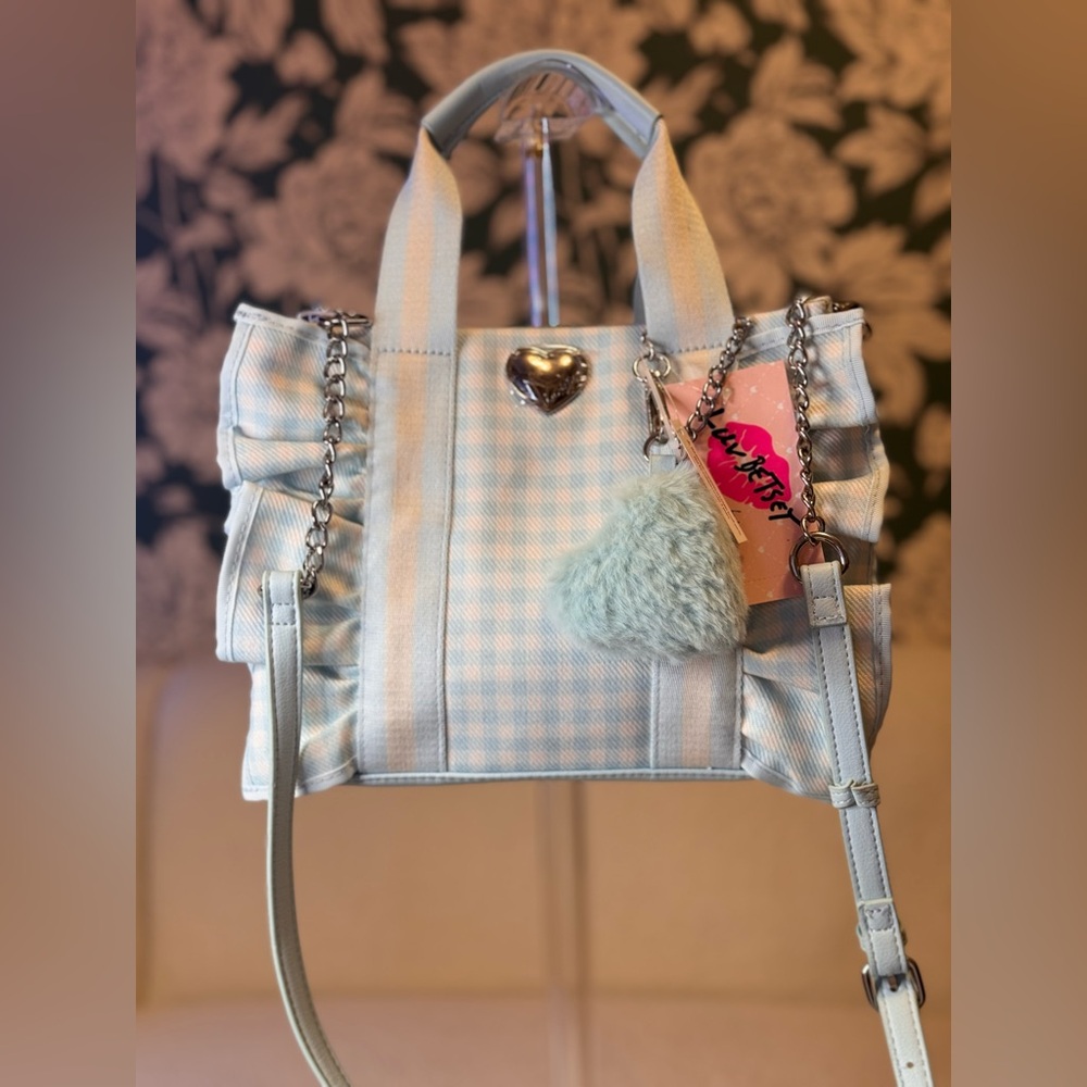 Betsey Johnson Light Blue Gingham Tote with Heart Accent